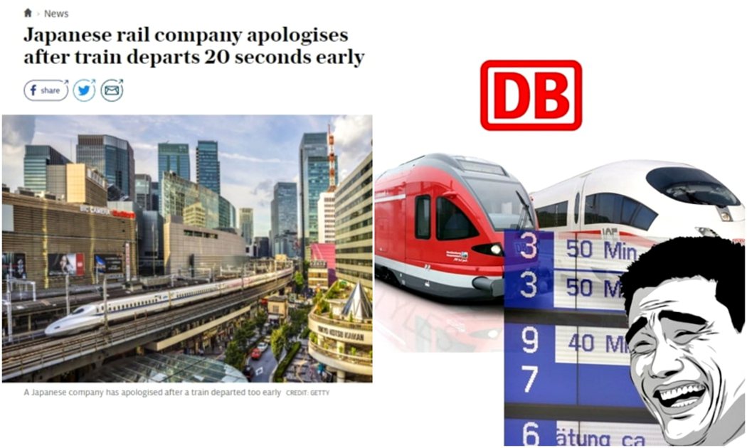網友以迷因圖對比日本鐵路與德國鐵路對列車延誤的應對態度。 圖／9GAG  　