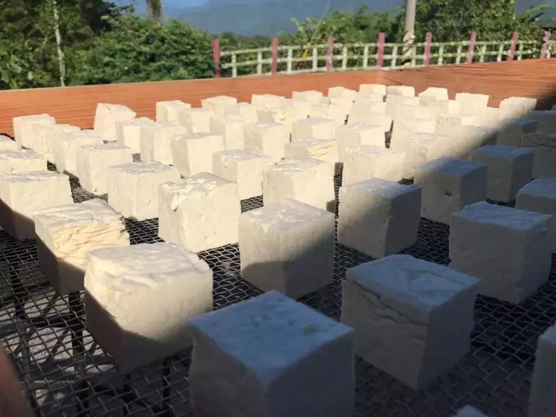 六十石山附近農家以台灣有機黃豆製成的「泥火山豆腐」，是羅山有機村特有的產物。 圖...