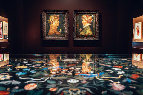 「千花」展區，朱佩塞阿爾欽博托的兩幅畫作傳達人與植物和自然的緊密關係。 圖／陳若...