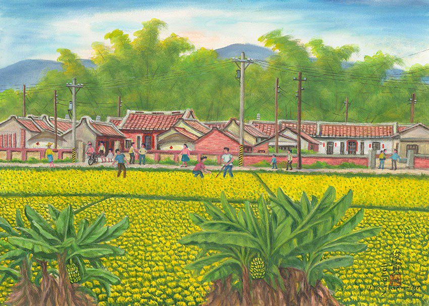 林俊寅，〈台灣農村〉，壓克力，76x105cm。 新竹市美術協會/提供