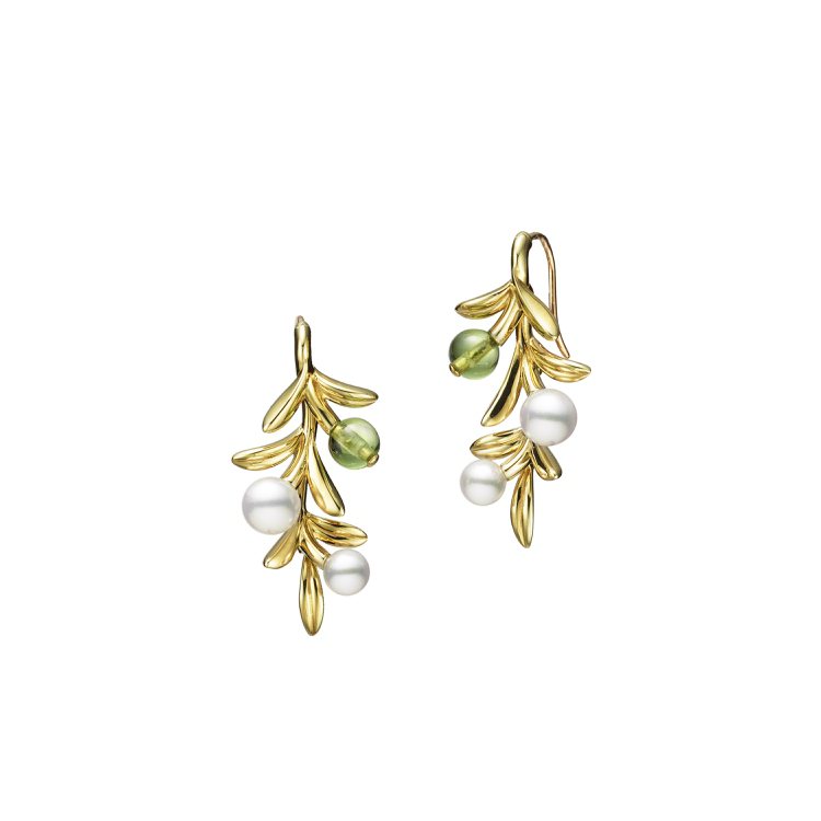 Mikimoto Olive Collection橄欖石珍珠針式耳環，18K綠金...