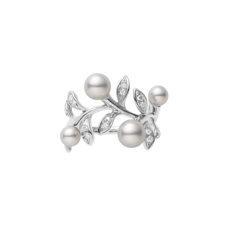 Mikimoto Olive Collection橄欖枝造型珍珠鑽戒，18K白金...