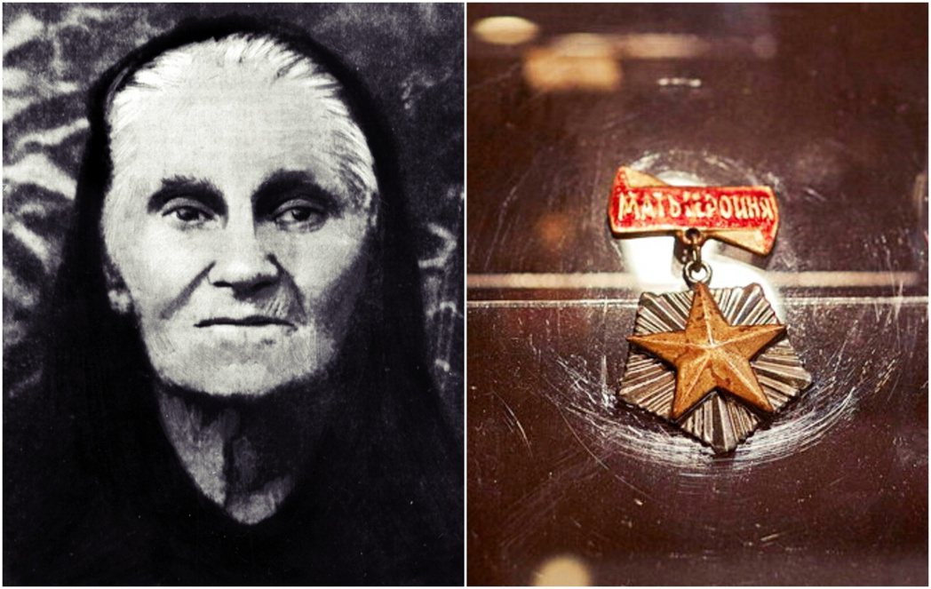 左圖為於1974年頒獲英雄母親的蘇聯女性Yepistiniya Stepanov...