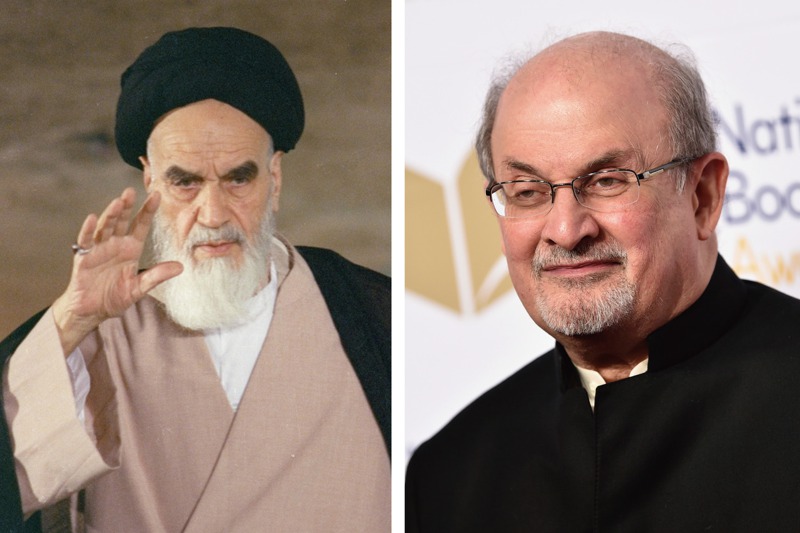 伊朗精神領袖何梅尼（左圖）在1989年，對「魔鬼詩篇」作者魯西迪（右圖）發布追殺令。美聯社