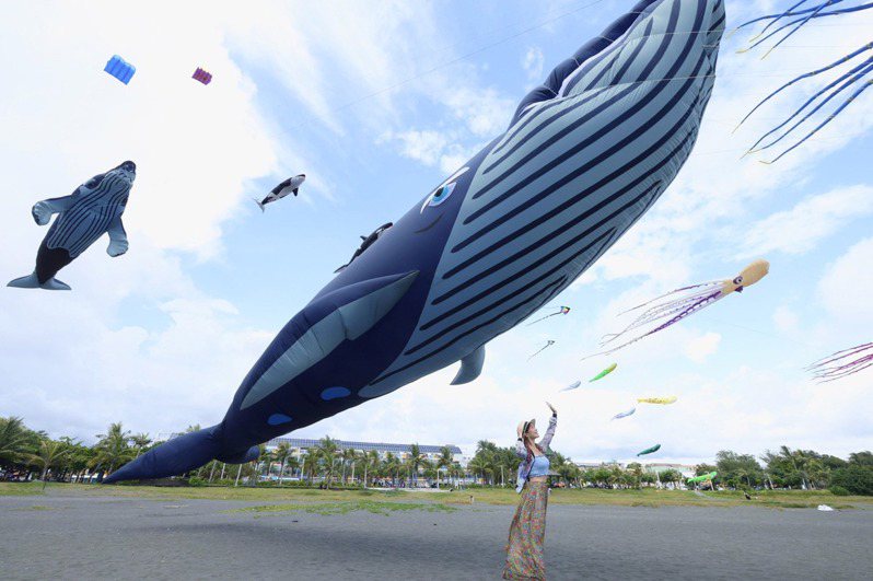 2022旗津風箏節將於20、21日登場，高雄市觀光局昨天進行風箏試飛，長16公尺的大鯨魚和長35公尺巨型章魚風箏在天空中飛舞，彷彿空中海洋世界，讓現場民眾看了驚呼連連。圖／高雄市觀光局提供