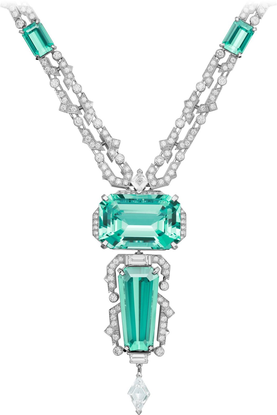 頂級珠寶項鍊鑲嵌一顆重25.28克拉的八角形綠色綠柱石，與梯形和八角形的藍綠色碧...