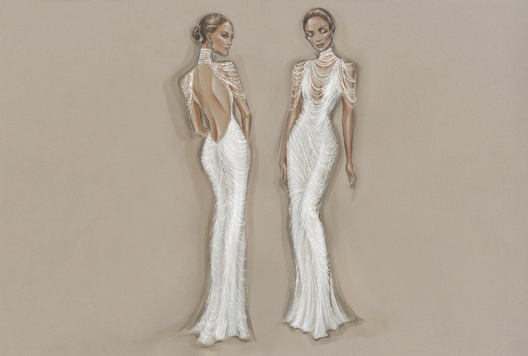 珍妮佛羅培茲的婚紗其中一套是用珍珠吊飾禮服綴上數以千計的珍珠串飾，30名工匠耗費...