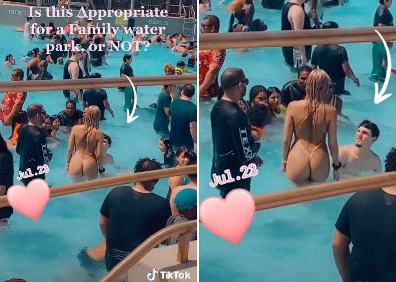 外国女子穿着「一条线泳装」在泳池内戏水，让一旁的泳客相当惊讶。图／取自(photo:UDN)