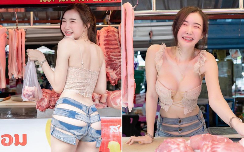 有網友分享一名穿著火辣的泰國網紅在市場裡叫賣的照片。 圖擷自Qanan Kanokyada