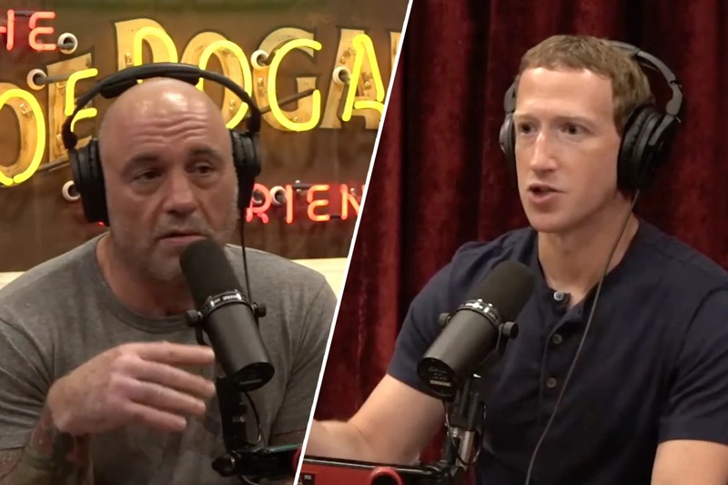 臉書創辦人祖克柏（右）接受知名Podcast節目專訪，圖左為節目主持人羅根。圖／The Joe Rogan Experience