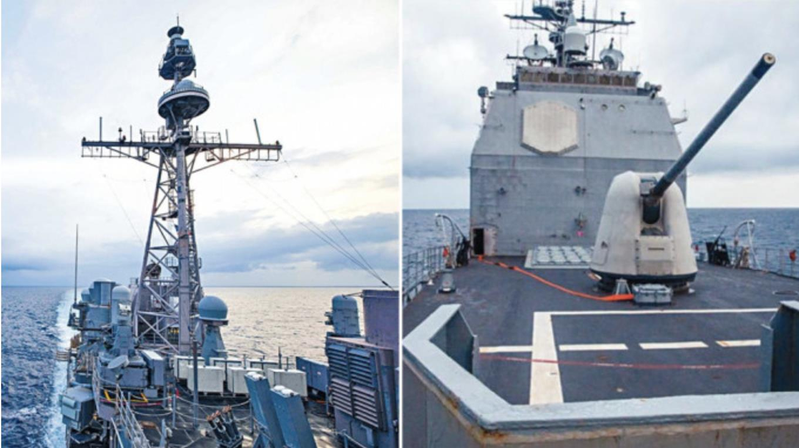 美軍軍艦「錢斯洛斯維爾號」（左）和「安提坦號」（右）穿越台灣海峽。（美國第七艦隊官網照片）