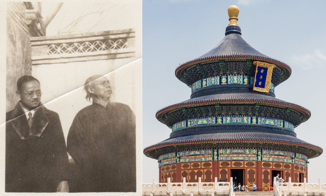 1930年26歲的野口勇與66歲的齊白石在北京合照、北京天壇。 圖／取自《收藏》雜誌（陳儒斌攝，2014年5月，〈當野口勇遇見齊白石〉）、維基共享
