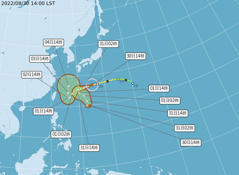 今年第十一號颱風「軒嵐諾」於今日下午增強為強烈颱風。圖／指揮中心提供