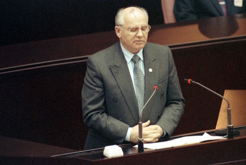 前蘇聯總統戈巴契夫在立法院議場內發表演說，他的演說充滿濃厚的人文色彩。圖／聯合報系資料照片