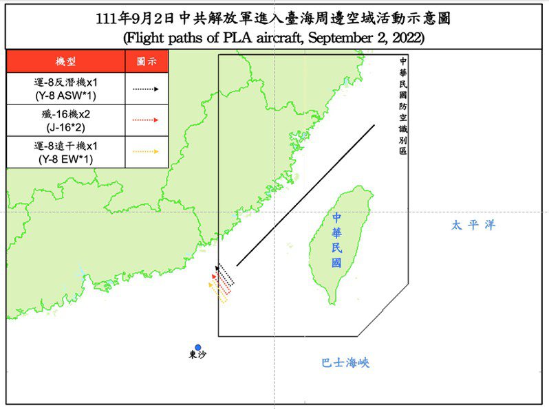國防部今天公布偵獲共機19架次（其中進入西南空域4架次）、共艦3艘次在台灣周邊海空域活動，其中4架次共機侵擾西南空域。圖／國防部提供