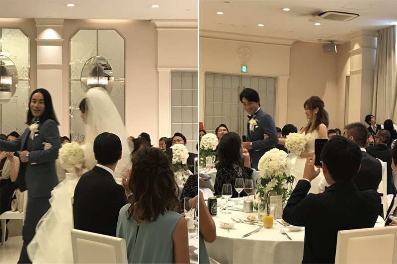 新郎在婚礼开始时留着长发(左图)，在婚礼途中新郎新娘暂时离开了会场，宾客们都以为他们是去更换礼服，怎料一对新人回来时没有更衣、反而是新郎变成短发造型了。（Twitter帐户sohganizer 图片）(photo:UDN)