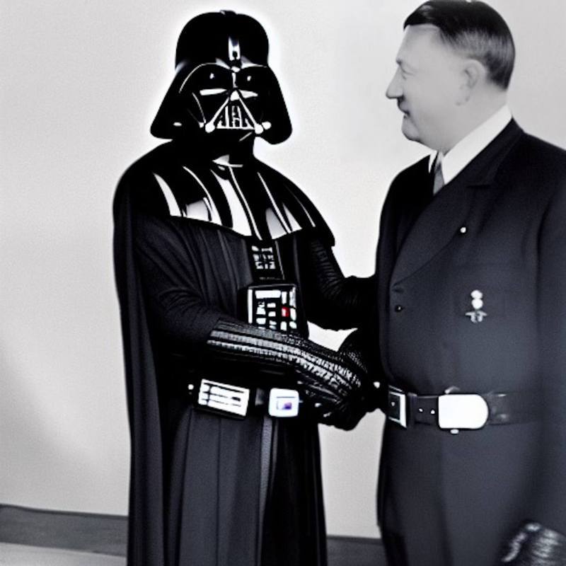 Stable Diffusion畫出的「『黑武士』在與希特勒握手合照」。圖／Stable Diffusion