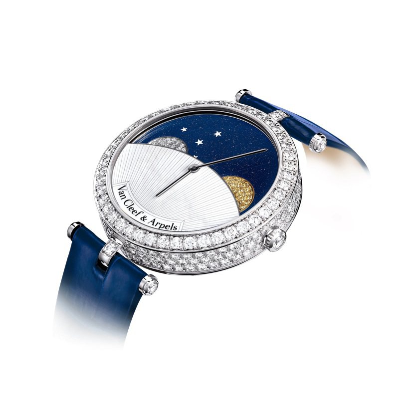 Lady Arpels Day and Night腕表，白K金、珍珠母貝、砂金石、藍寶石、鑽石，約312萬元。圖／梵克雅寶提供