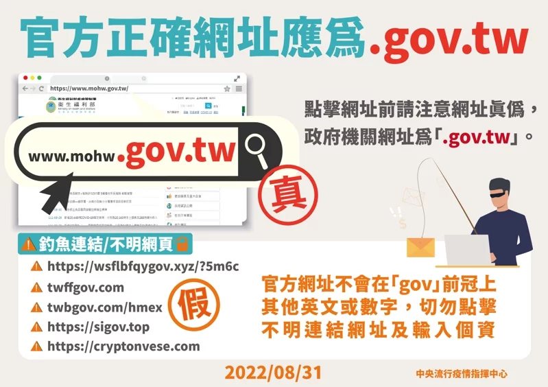 王必勝表示，政府官方網站為「gov.tw」，中間不會有其他英文字，如：teffg...