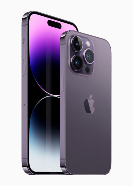 iPhone 14 Pro 和 iPhone 14 Pro Max 將提供四款顏色：太空黑色、銀色、金色和深紫色，圖為深紫色。（蘋果提供）