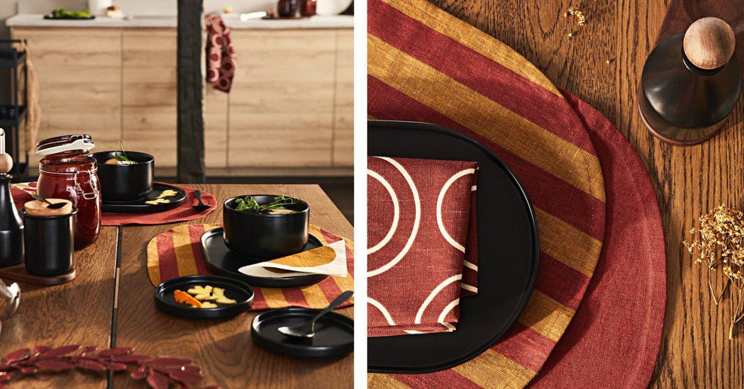 KRÖSAMOS系列的餐墊、餐巾紙，使用棕紅、暖黃等充滿秋色的顏色與圖案，讓餐...