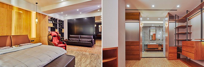 左：主臥床頭背牆採立體造型木塊設計搭配隱藏光帶燈光效果。　右：更衣室單元鋪敘以深...