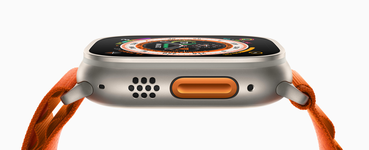 Apple Watch Ultra具備高對比國際橘色的全新可自訂「動作」按鈕，使...