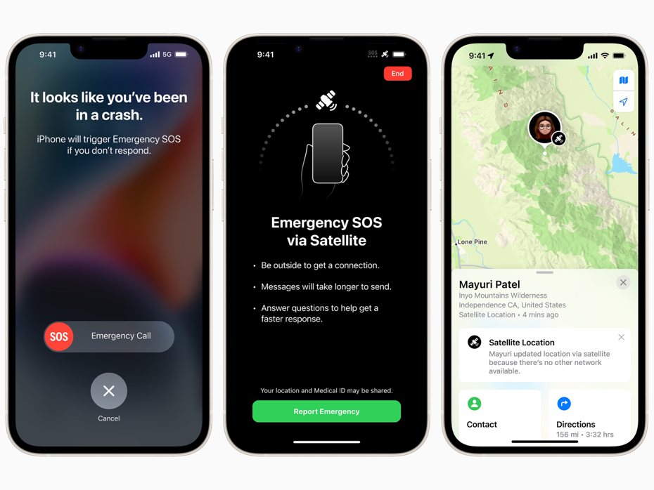 iPhone 14後續機型提供了「車禍偵測」以及全新利用衛星的「SOS緊急服務」，美國洛杉磯警方證實該功能拯救許多生命，發揮實際作用。圖／蘋果提供