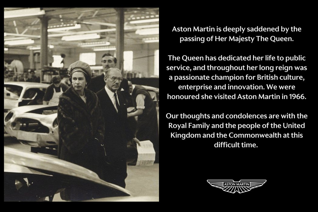 Aston Martin對於英國女王伊麗莎白二世的逝世表示哀悼。 摘自Aston...