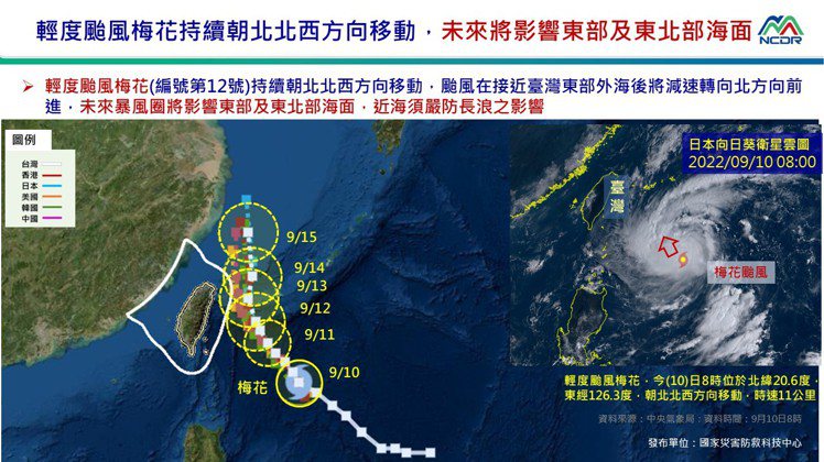 梅花颱風暴風圈將影響台灣東部海面。圖／國家災害防救科技中心提供