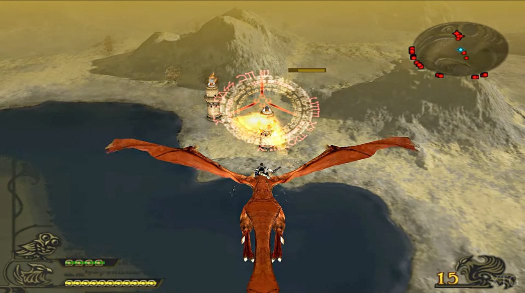 主角平常以搭乘在龍身上移動，可以利用準心瞄準地上或空中的敵人，發射火焰攻擊。 圖...