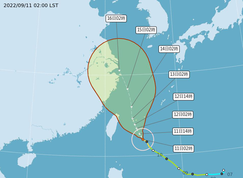 中央氣象局上午8時30分發布第12號颱風梅花海上颱風警報。圖為路徑潛勢預報。圖／取自氣象局網站