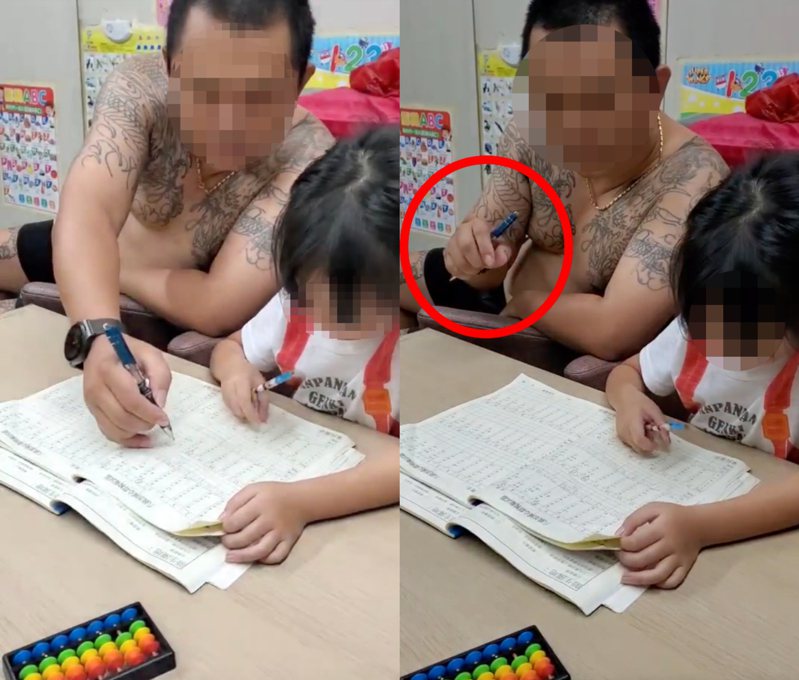 一名雙臂刺青的爸爸教導女兒寫數學作業，獲得「珠心算二段」檢定合格的他不時伸出指頭空撥算數，讓網友笑虧反差萌。 圖擷自爆怨2公社