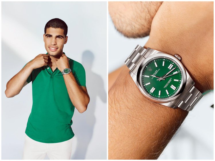 「小蠻牛」阿爾卡拉斯（Carlos Alcaraz）今年也曾為勞力士拍攝形象廣告，以綠色的Oyster Perpetual 41腕表，展現輕快的明亮風格穿搭。圖 / 翻攝自 IG @ Rolex