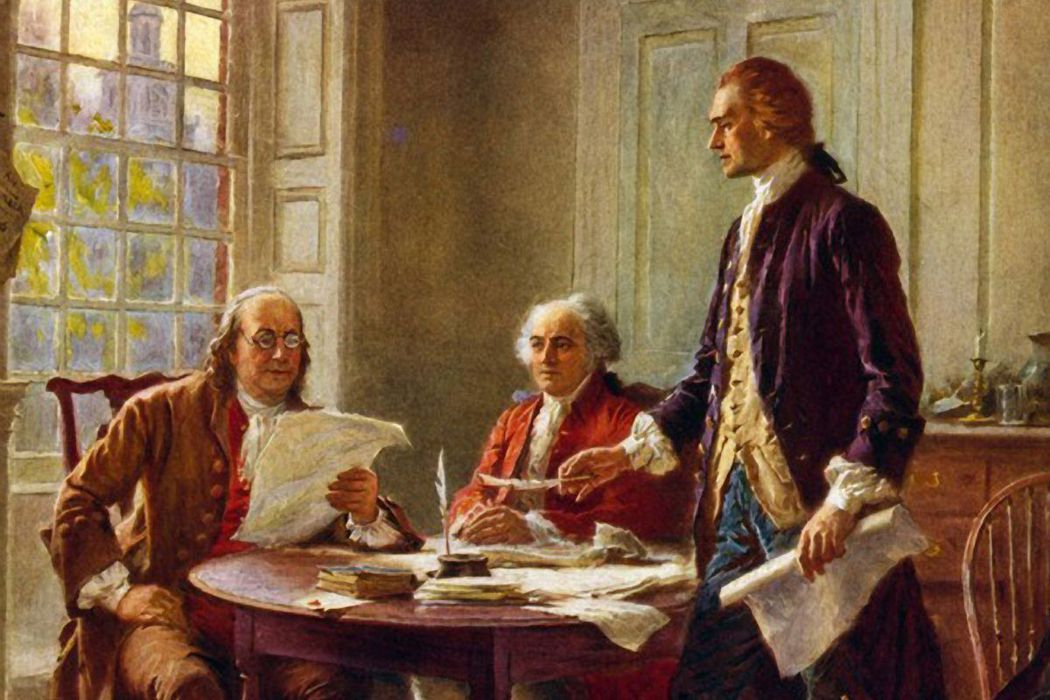 1776年，富蘭克林（左起）、亞當斯、傑弗遜撰寫《獨立宣言》草稿。 圖／美國國會...