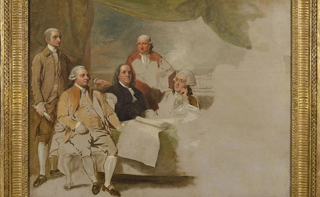 與英國進行初步和平談判的美國代表。左起：傑伊、亞當斯、富蘭克林、勞倫斯和富蘭克林...