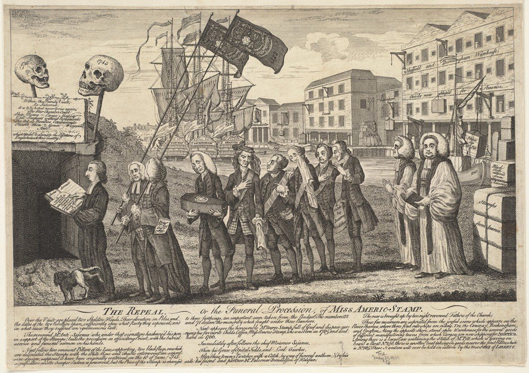 英國在北美大陸實施的印花稅法案引起激烈抗爭。圖為1776年政治諷刺漫畫。 圖／波...