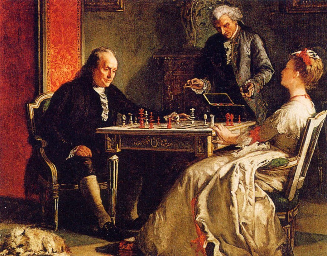 1760年代的富蘭克林完全著迷於華美的英式生活。圖為他1774年在倫敦皇家學院對...