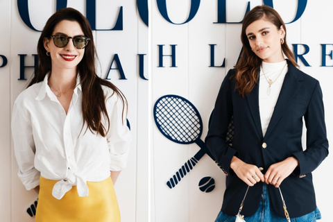 今年美國網球公開賽現場，安海瑟薇（Anne Hathaway）將白襯衫下擺打結、...