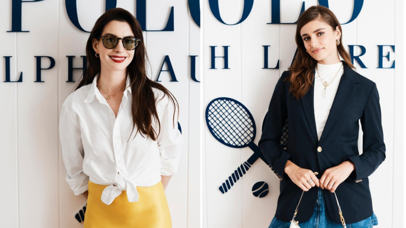 今年美國網球公開賽現場，安海瑟薇（Anne Hathaway）將白襯衫下擺打結、Taylor Hill則以藍色西裝外套搭配牛仔短裙，各自展現了明亮輕快的「球場時尚」，身上並各自穿著了Polo Ralph Lauren的單品。圖 / 翻攝自 IG @ poloralphlauren（合成圖）
