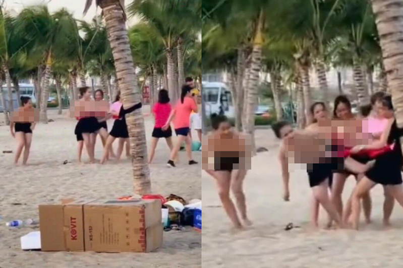一群女遊客在越南白寨旅遊區「脫胸罩」玩拔河，目擊民眾看得也超嗨，還拍下上傳網路，引發網友強烈抨擊。 圖擷自baogiaothong.vn