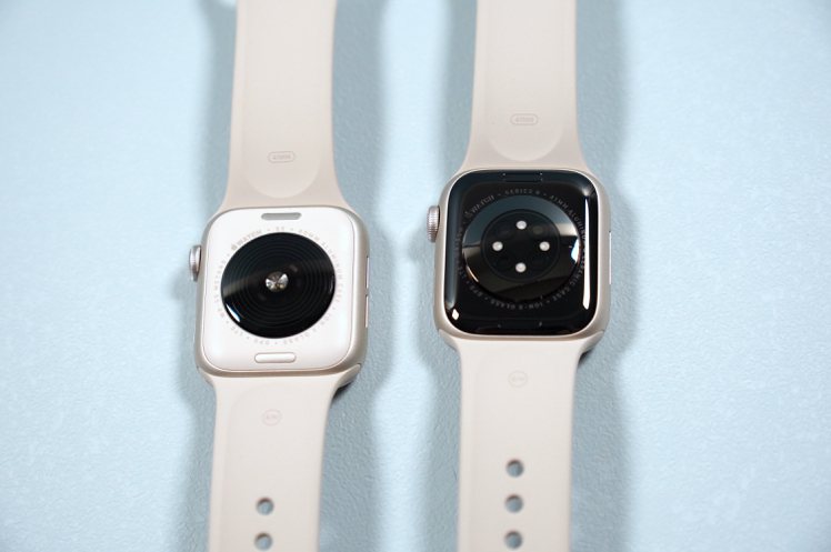 Apple Watch SE（左）錶背換上了同色系霧面質感新設計。記者黃筱晴／攝...