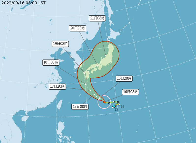 根據最新路徑預測，南瑪都將於19日8時在日本長崎登陸。圖／氣象局提供