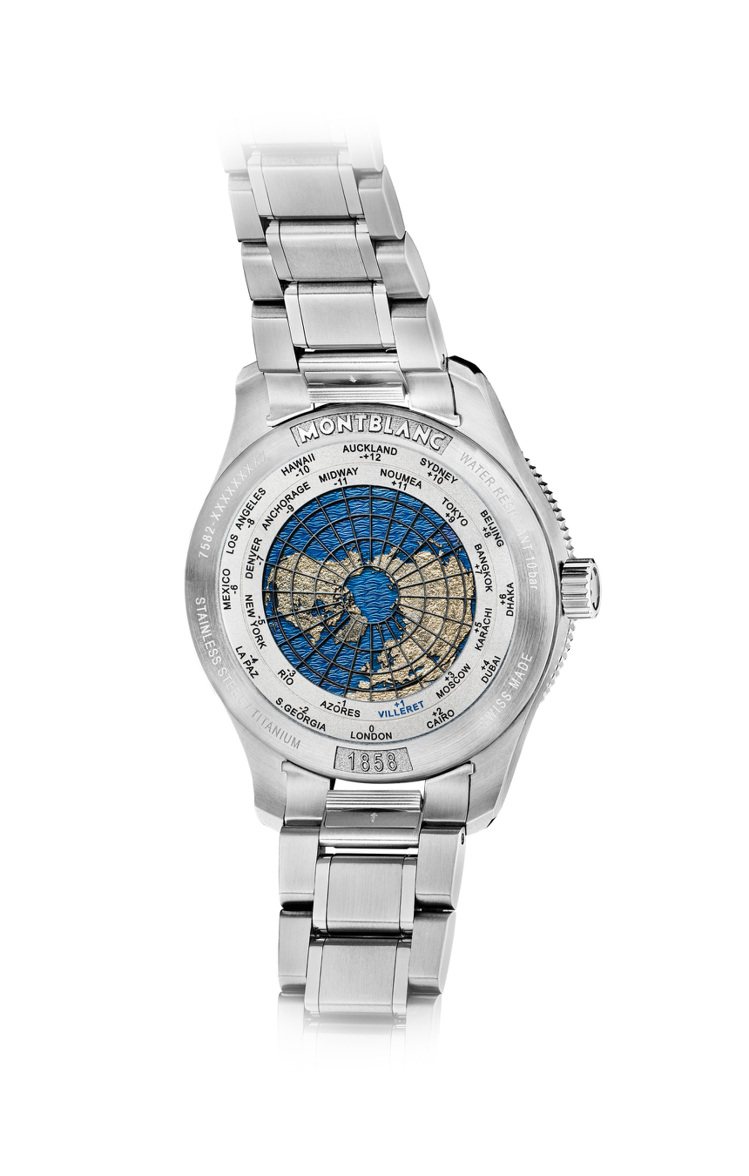 1858系列GMT日期顯示自動腕表表背並有世界時區對照，可快速計算出第二地正確時...