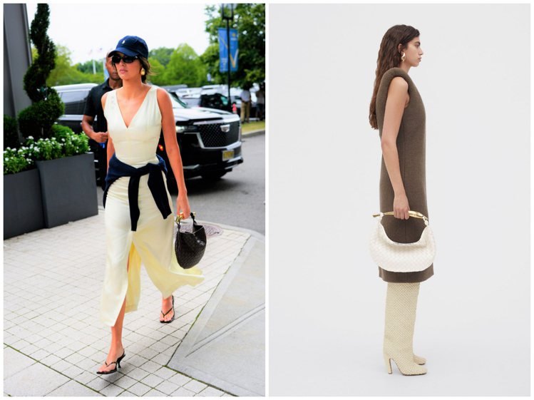 Kendall Jenner也曾在街拍中使用一款Bottega Veneta的皮革編織Sardine包。圖 / Bottega Veneta提供（合成圖）