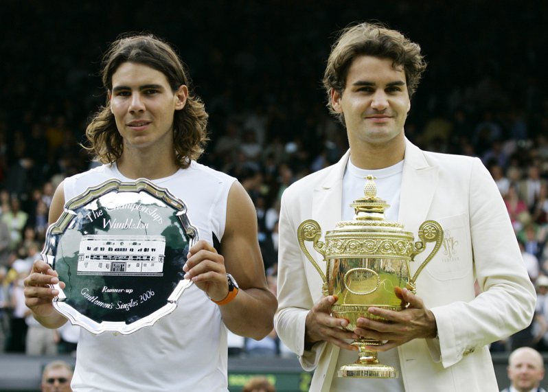 納達爾（Rafael Nadal）和費德勒（Roger Federer）。 美聯社。