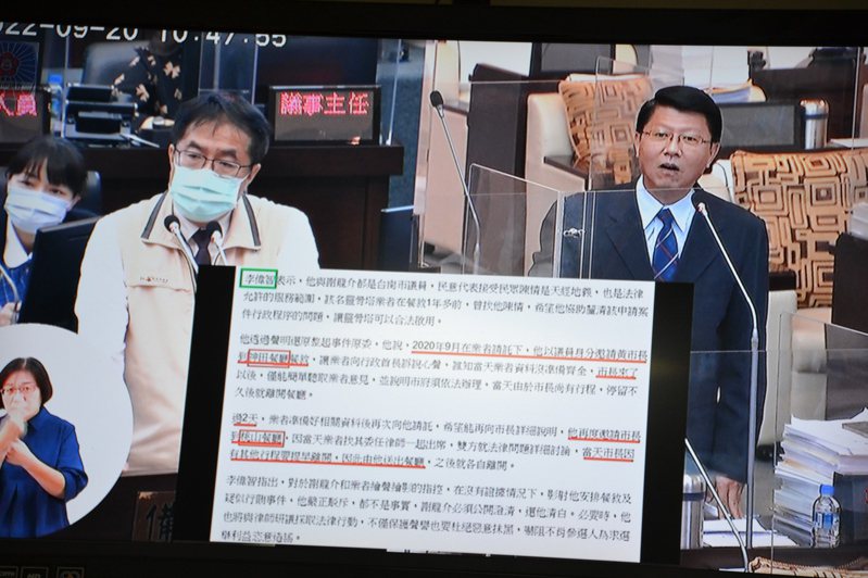 台南市長參選人謝龍介（右）今天在市政總質詢再批市長黃偉哲的操守。記者鄭惠仁／攝影
