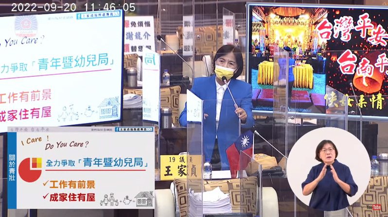 台南市議員王家貞今天指房價高漲，年輕人怎敢結婚生子，要求成立青年暨幼兒局。圖／擷取畫面