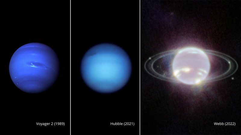 海王星化學結構一部分的氣態甲烷在韋伯太空望遠鏡的近紅外線照相機並非呈現藍色，因此在此次發布影像看上去是白色（右），而不是航海家2號（左）跟哈伯太空望遠鏡（中）拍到的典型藍色外觀。美聯社