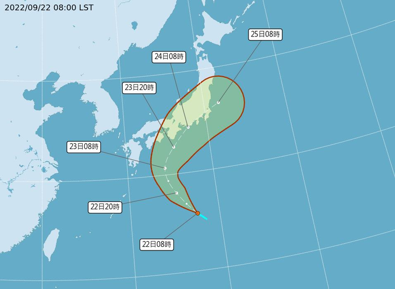 熱帶性低氣壓TD18，在日本南方海面，以每小時27公里速度朝西北前進，有機會今明兩天增強為今年第15號颱風塔拉斯。圖／氣象局提供